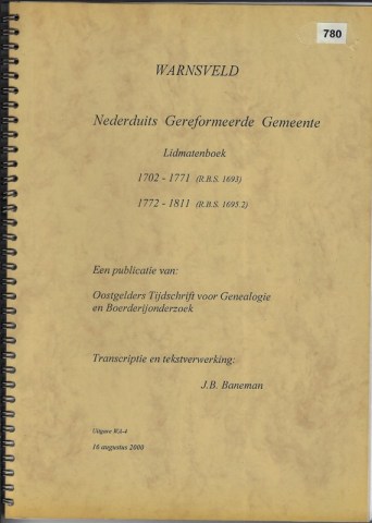 005-C-780 Warnsveld Nederduits Gereformeerde Gemeente Lidmatenboek 1702-1811 OTGB